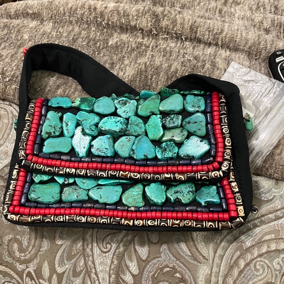 Rare Hand sewed Turquoise and beaded purse. Tibetan Feel. Purchased at Harrahs - Picture 3 of 12